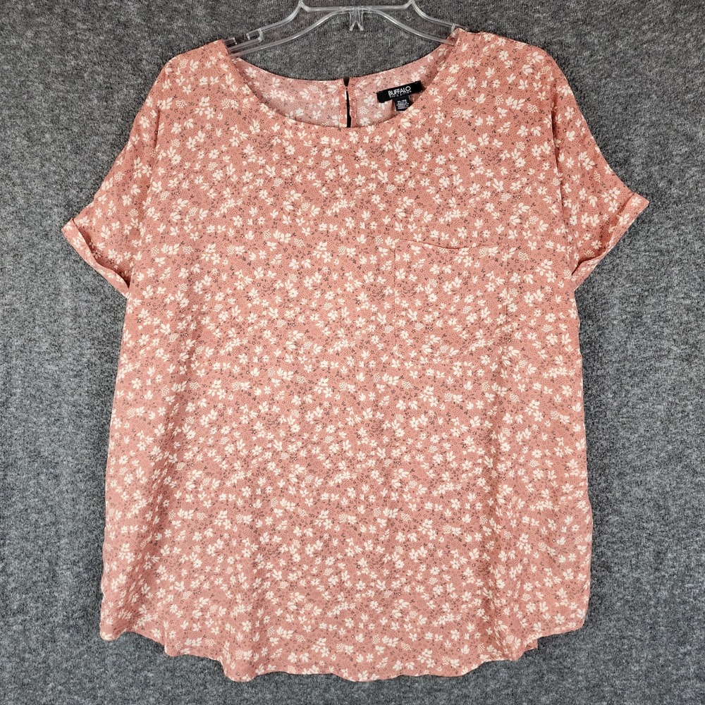 Buffalo David Bitton Blouse Womens XL Pink Floral Short Sleeve Pocket Top EUC